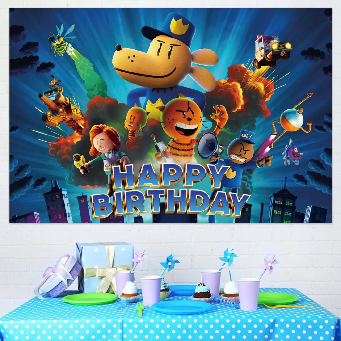 Dogman Kids Birthday Party Photo Backdrop Decoration 3x5 Foot Dark Blue Happy Birthday Banner Fast Shipping