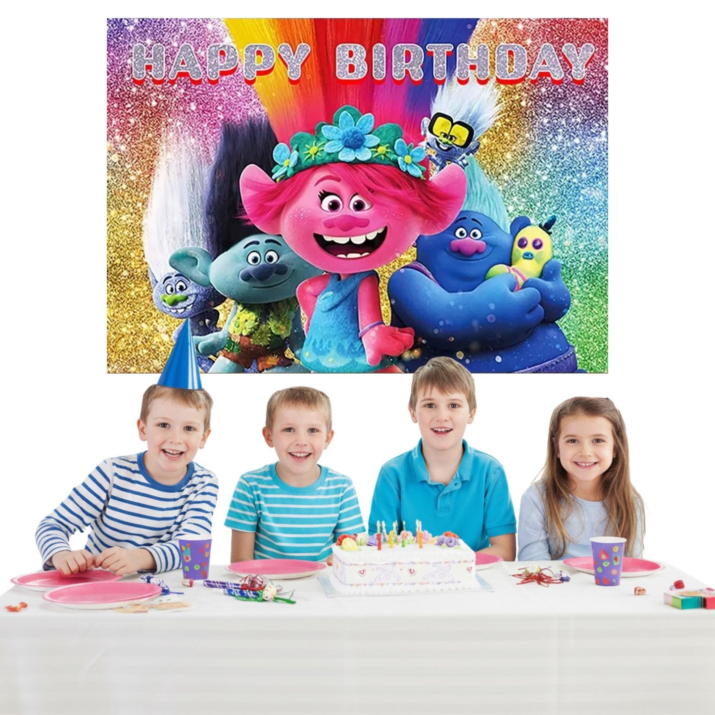 Trolls Birthday Backdrop 3x5 ft – Happy Birthday Vinyl Banner | Trolls Party Decorations | Kids Colorful Photo Booth Background