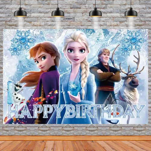 Frozen Birthday Party Photo Backdrop Decoration 5x3 Foot Size with Children's Favorite Characters Elsa, Anna, Olaf, Kristoff, & Sven