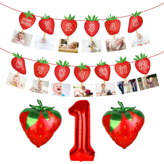 Strawberry Themed Berry 1st Birthday Balloons and Photo Banner Set with Fast Shipping