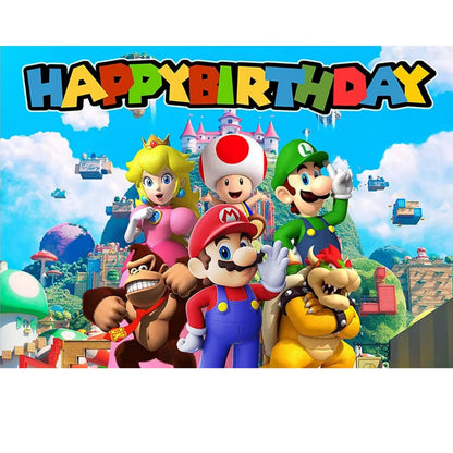 Super Mario Birthday Party Photo Backdrop Decoration 5x3 Foot Size with Favorite Characters Mario Luigi Peach Toad Bowser