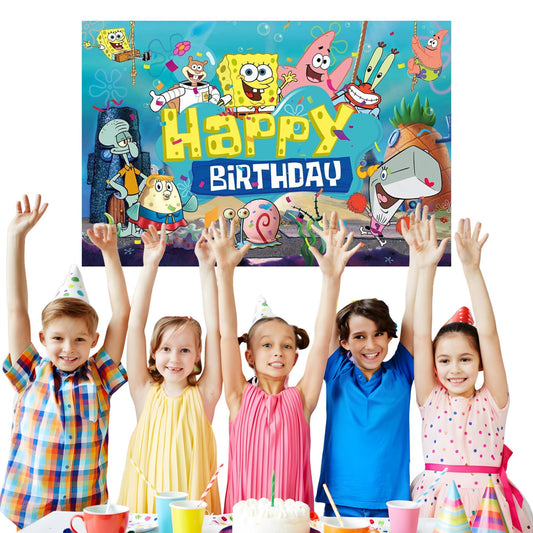 SpongeBob Birthday Backdrop 3x5 ft – Happy Birthday Vinyl Banner | Bikini Bottom Party Decorations | Kids Cartoon Photo Booth Background