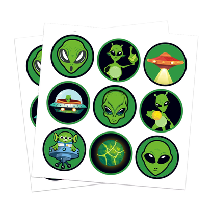 Alien Goodie Bags with Stickers – 12 Pack Party Favor Bags | 4 Double-Sided Designs + 18 Stickers | Space Birthday Party Supplies