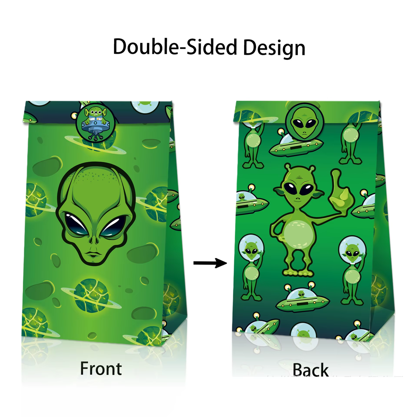 Alien Goodie Bags with Stickers – 12 Pack Party Favor Bags | 4 Double-Sided Designs + 18 Stickers | Space Birthday Party Supplies