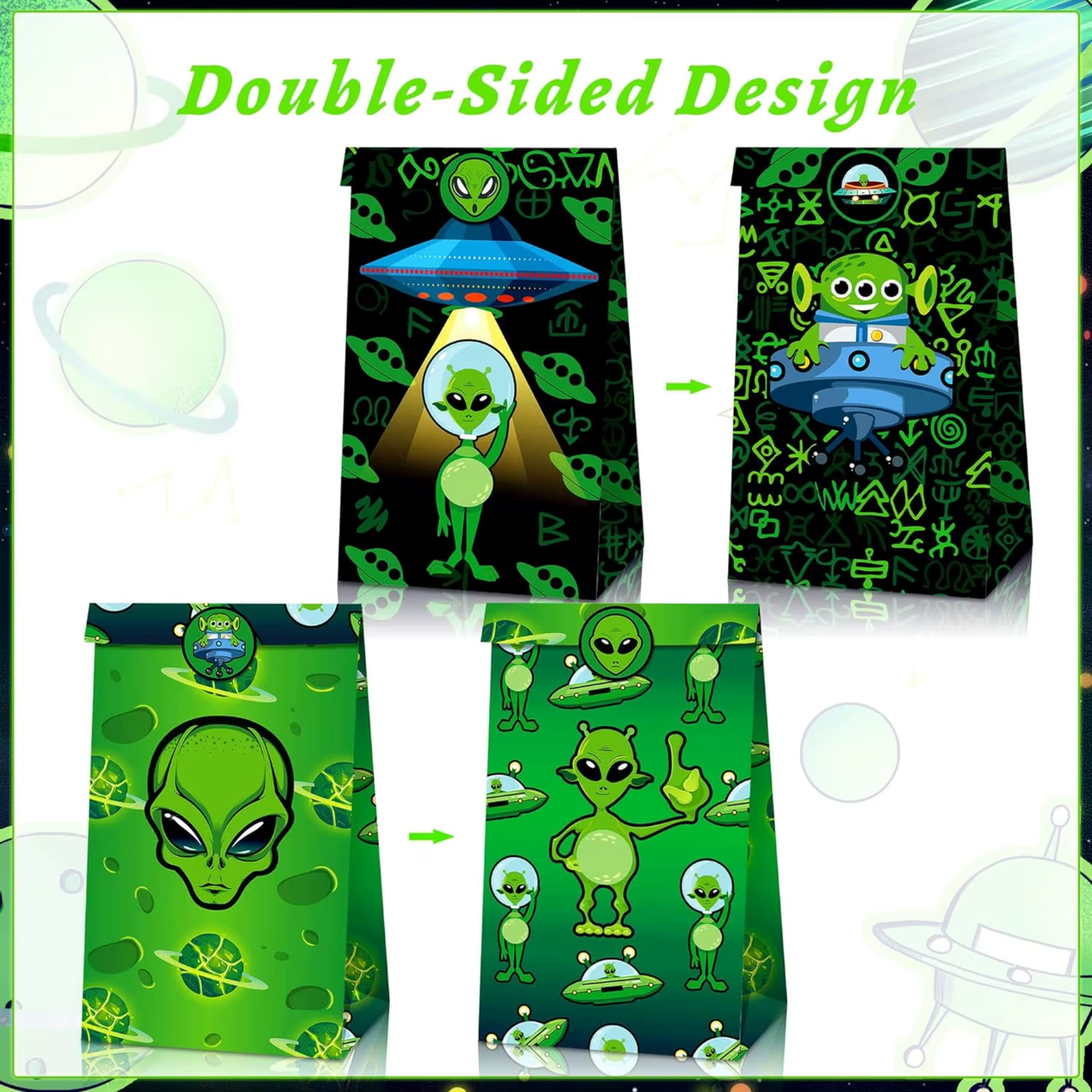 Alien Goodie Bags with Stickers – 12 Pack Party Favor Bags | 4 Double-Sided Designs + 18 Stickers | Space Birthday Party Supplies