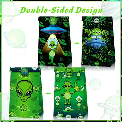 Alien Goodie Bags with Stickers – 12 Pack Party Favor Bags | 4 Double-Sided Designs + 18 Stickers | Space Birthday Party Supplies