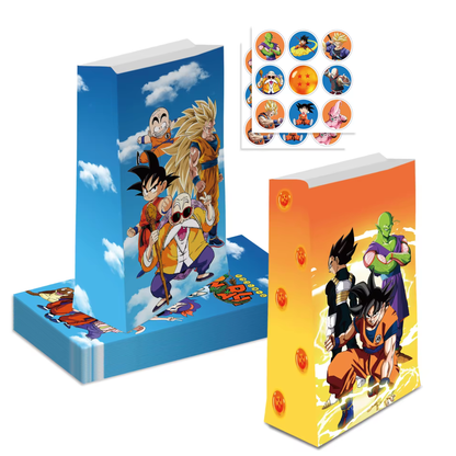 Dragon Ball Z Goodie Bags with Stickers – 12 Pack Party Favor Bags | Orange & Blue Double-Sided Designs | Anime Birthday Party Supplies