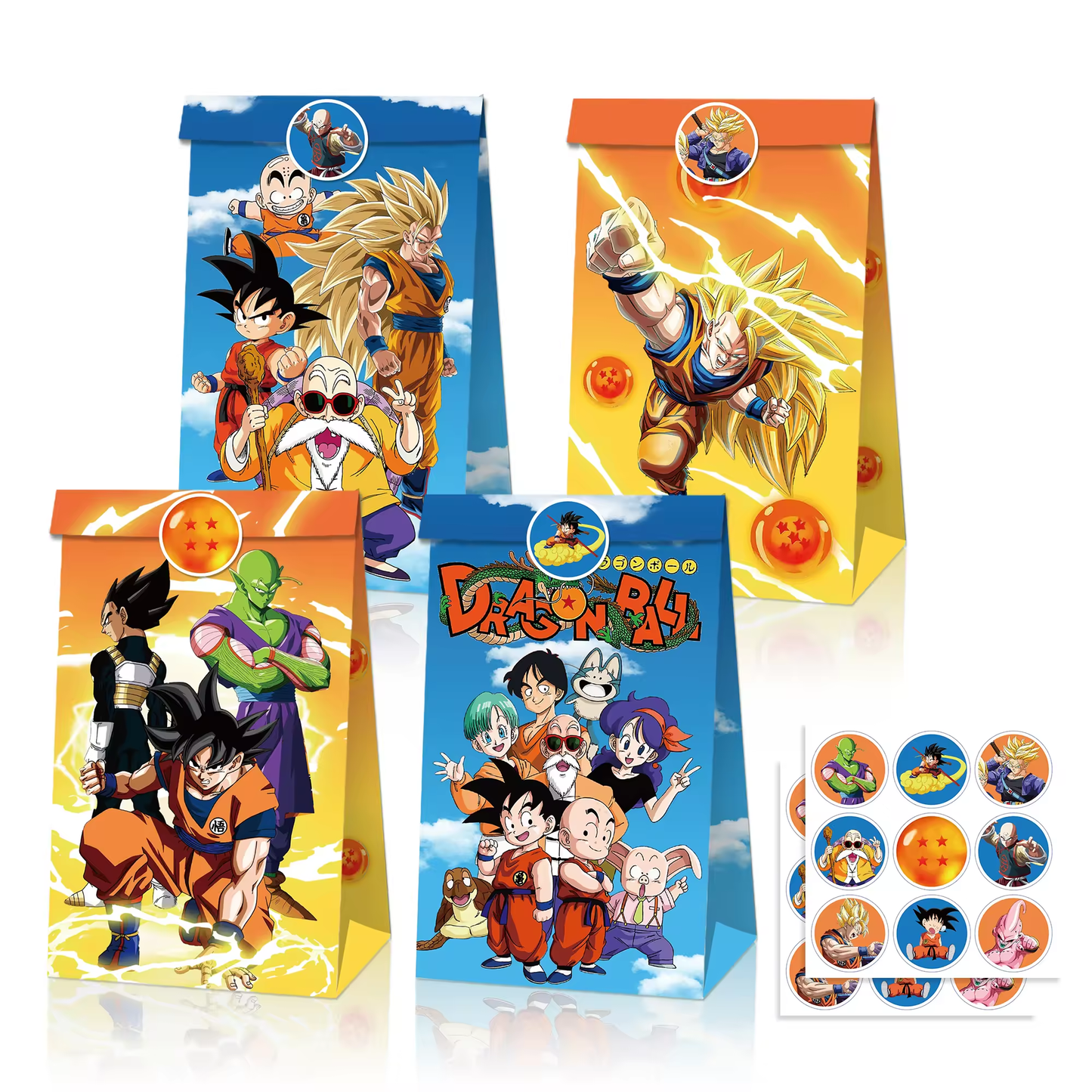 Dragon Ball Z Goodie Bags with Stickers – 12 Pack Party Favor Bags | Orange & Blue Double-Sided Designs | Anime Birthday Party Supplies