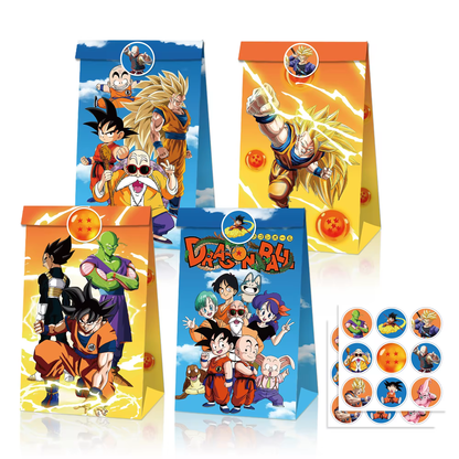 Dragon Ball Z Goodie Bags with Stickers – 12 Pack Party Favor Bags | Orange & Blue Double-Sided Designs | Anime Birthday Party Supplies