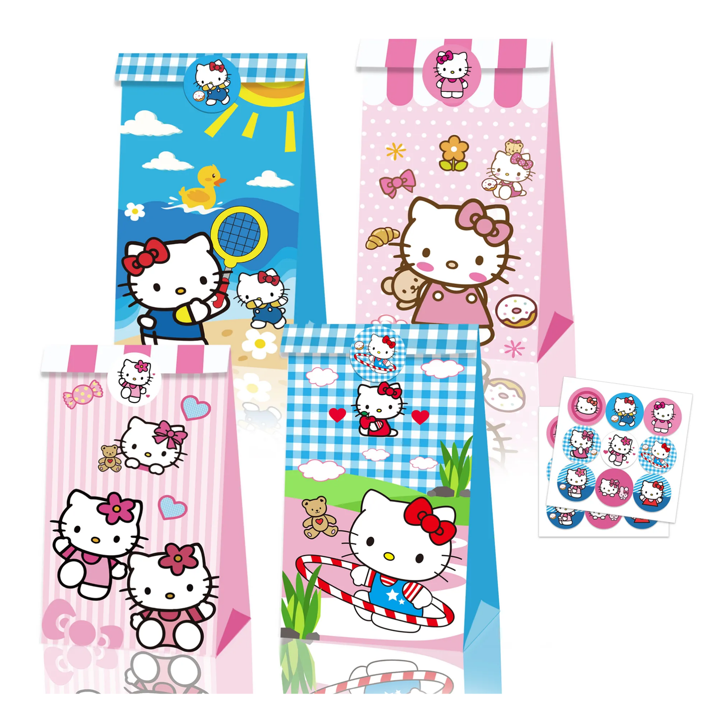 Hello Kitty Goodie Bags with Stickers – 12 Pack Party Favor Bags | Pink & Blue Double-Sided Designs | Kids Birthday Party Supplies