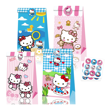 Hello Kitty Goodie Bags with Stickers – 12 Pack Party Favor Bags | Pink & Blue Double-Sided Designs | Kids Birthday Party Supplies
