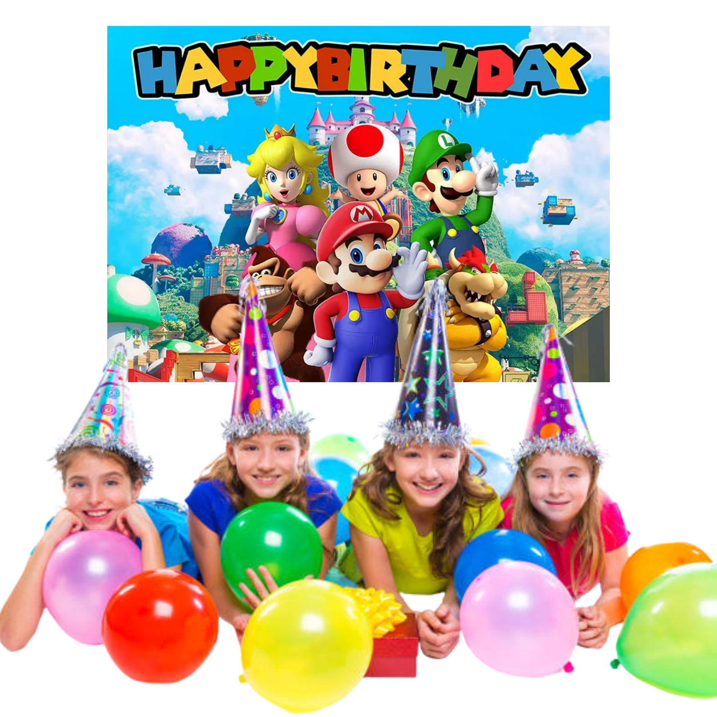 Super Mario Birthday Party Photo Backdrop Decoration 5x3 Foot Size with Favorite Characters Mario Luigi Peach Toad Bowser