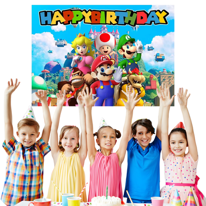 Super Mario Birthday Party Photo Backdrop Decoration 5x3 Foot Size with Favorite Characters Mario Luigi Peach Toad Bowser