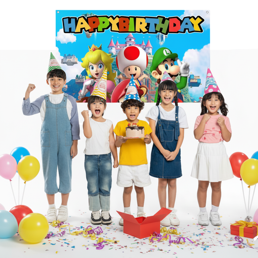 Super Mario Birthday Party Photo Backdrop Decoration 5x3 Foot Size with Favorite Characters Mario Luigi Peach Toad Bowser
