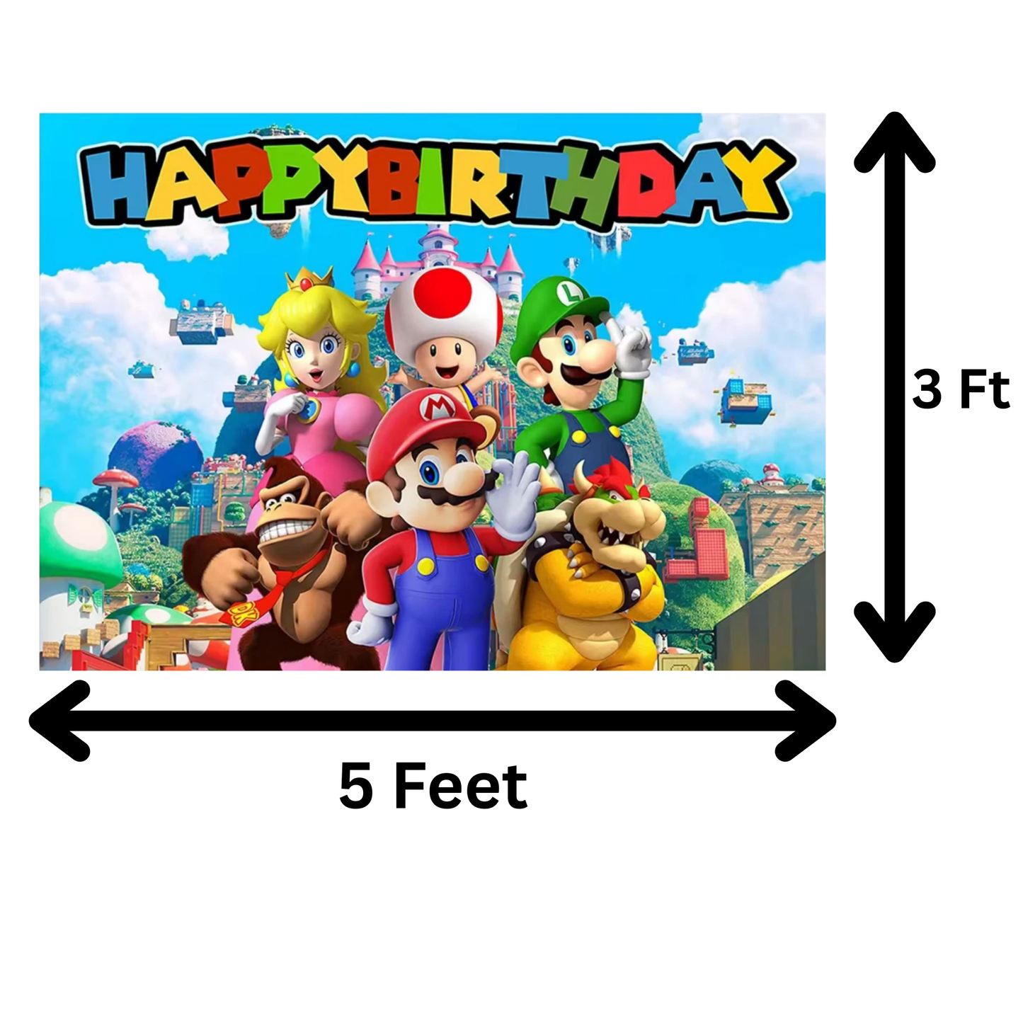 Super Mario Birthday Party Photo Backdrop Decoration 5x3 Foot Size with Favorite Characters Mario Luigi Peach Toad Bowser