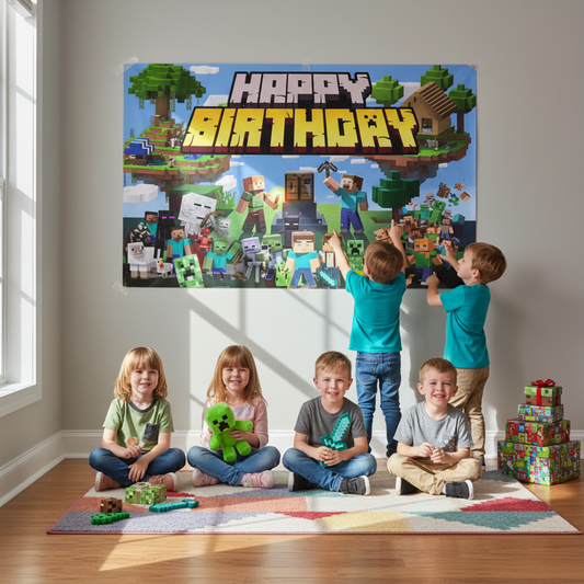 Minecraft Happy Birthday Backdrop 3x5 ft – Pixel Game Party Banner | Kids Birthday Photo Background