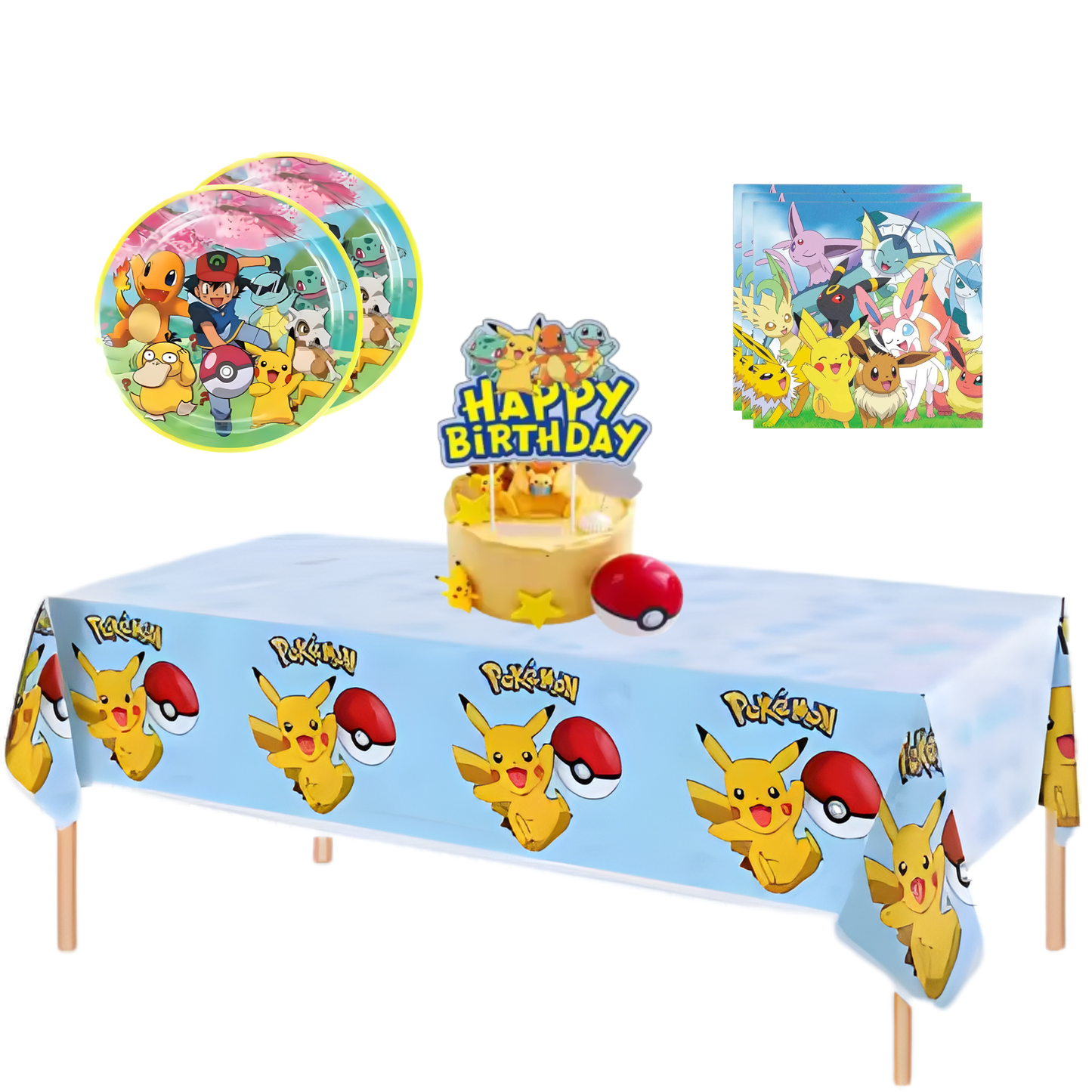 Pikachu Birthday Party Supplies Set – Pokemon Party Bundle | 20 Plates, 40 Napkins, Tablecloth & Cake Topper | Kids Pokemon Birthday Decorations