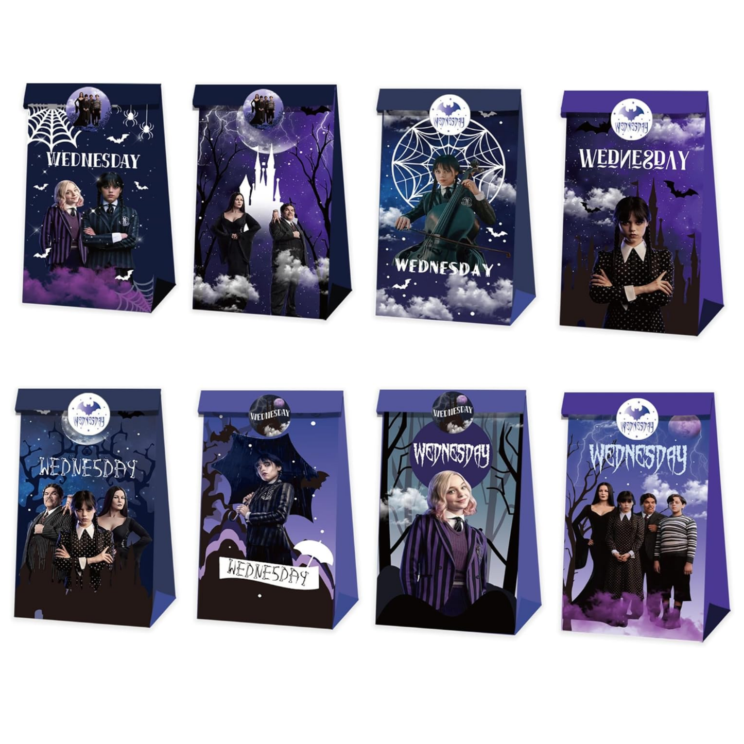 Wednesday Addams Goodie Bags with Stickers – 20 Pack Party Favor Bags | 8 Double-Sided Designs + 27 Stickers | Gothic Halloween Birthday Party Supplies