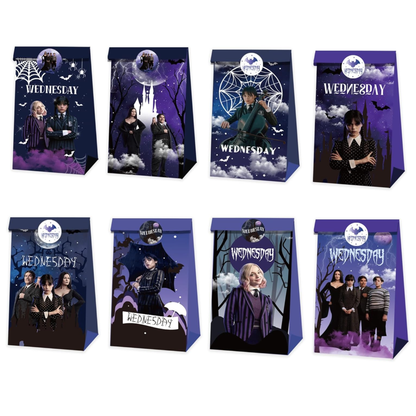 Wednesday Addams Goodie Bags with Stickers – 20 Pack Party Favor Bags | 8 Double-Sided Designs + 27 Stickers | Gothic Halloween Birthday Party Supplies