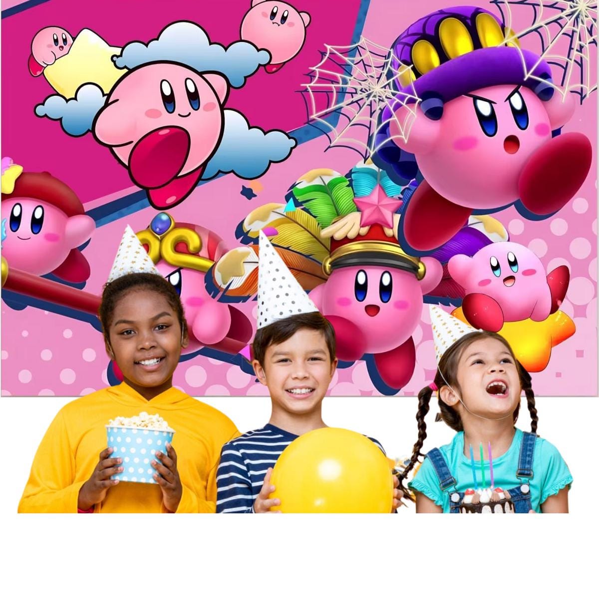 Kirby Cartoon Party Backdrop, Kids Pink Birthday Decoration (5x3 ft) Fast Shipping Available