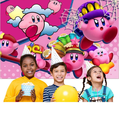 Kirby Cartoon Party Backdrop, Kids Pink Birthday Decoration (5x3 ft) Fast Shipping Available