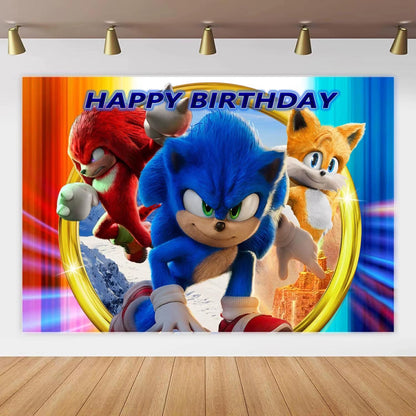 Sonic The Hedgehog Birthday Party Backdrop 5x3 Foot Banner Decoration Featuring Sonic Knuckles and Tails Fast Shipping Available