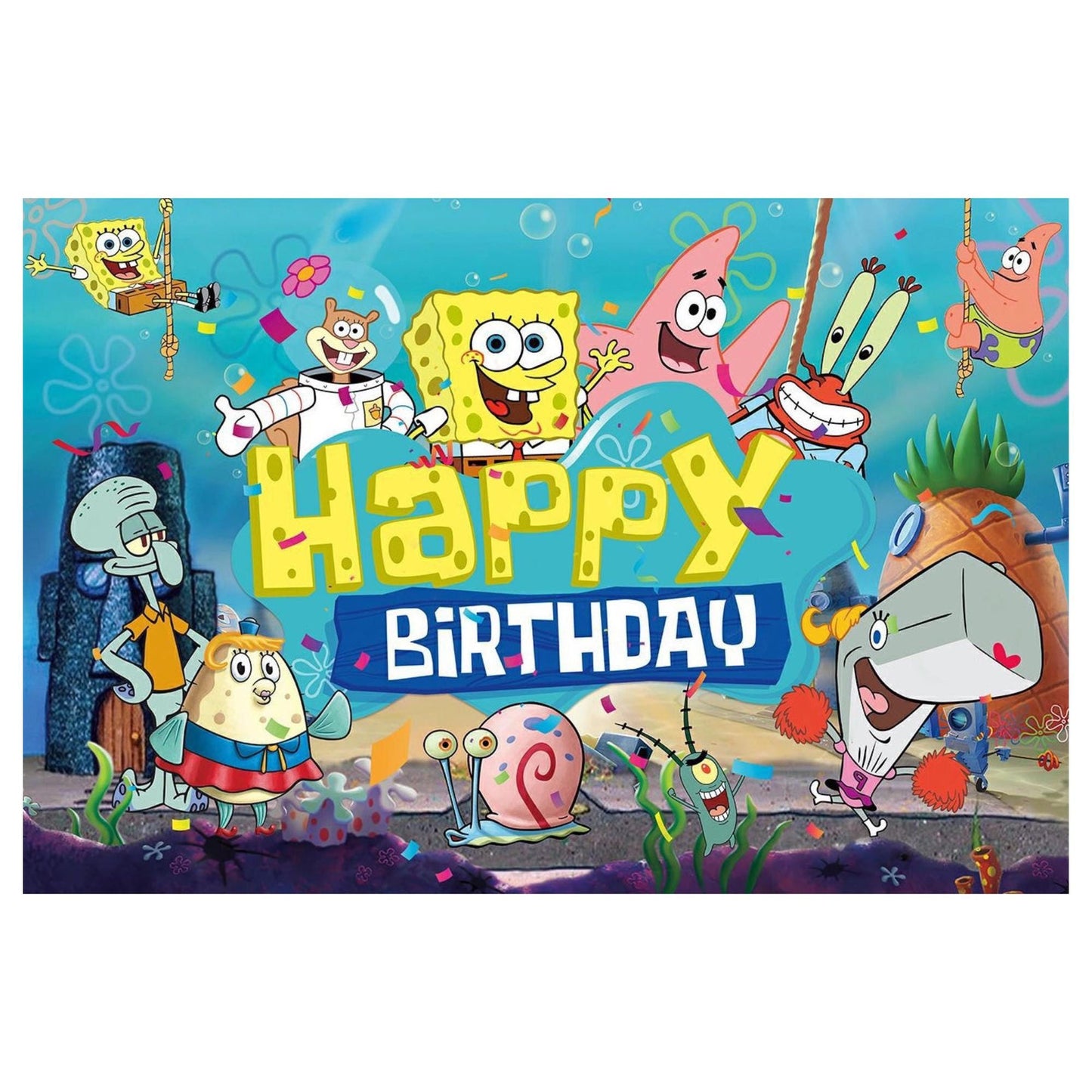 SpongeBob Birthday Backdrop 3x5 ft – Happy Birthday Vinyl Banner | Bikini Bottom Party Decorations | Kids Cartoon Photo Booth Background