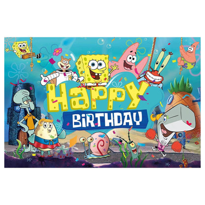 SpongeBob Birthday Backdrop 3x5 ft – Happy Birthday Vinyl Banner | Bikini Bottom Party Decorations | Kids Cartoon Photo Booth Background